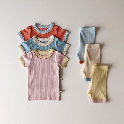 Kids Color Block Ribbed Short Sleeve Top and Shorts Set (1 - 6y) - 3 Colors kids outfit