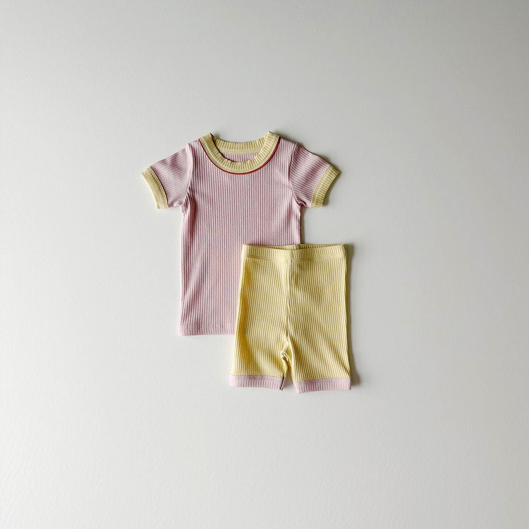 Kids Color Block Ribbed Short Sleeve Top and Shorts Set (1 - 6y) - 3 Colors kids outfit