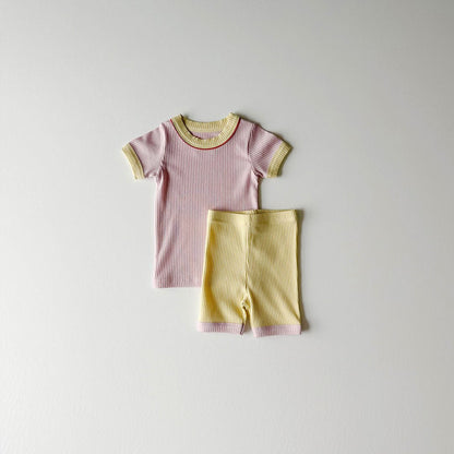 Kids Color Block Ribbed Short Sleeve Top and Shorts Set (1 - 6y) - 3 Colors kids outfit