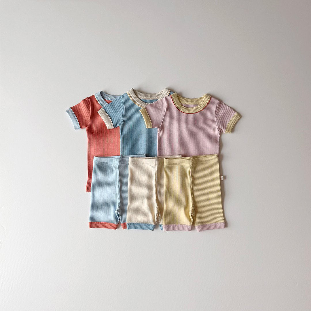 Kids Color Block Ribbed Short Sleeve Top and Shorts Set (1 - 6y) - 3 Colors kids outfit