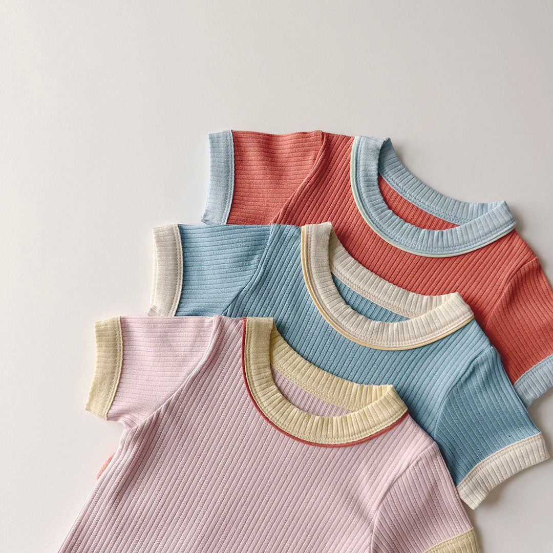 Kids Color Block Ribbed Short Sleeve Top and Shorts Set (1 - 6y) - 3 Colors kids outfit