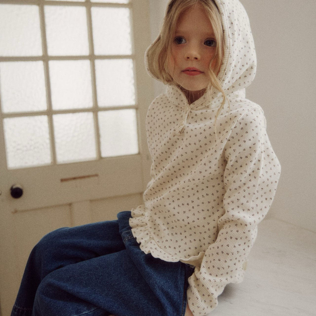 Kids F25 Floral Waffle Ruffle Hoodie (2 - 7y) - Ivory kids outfit