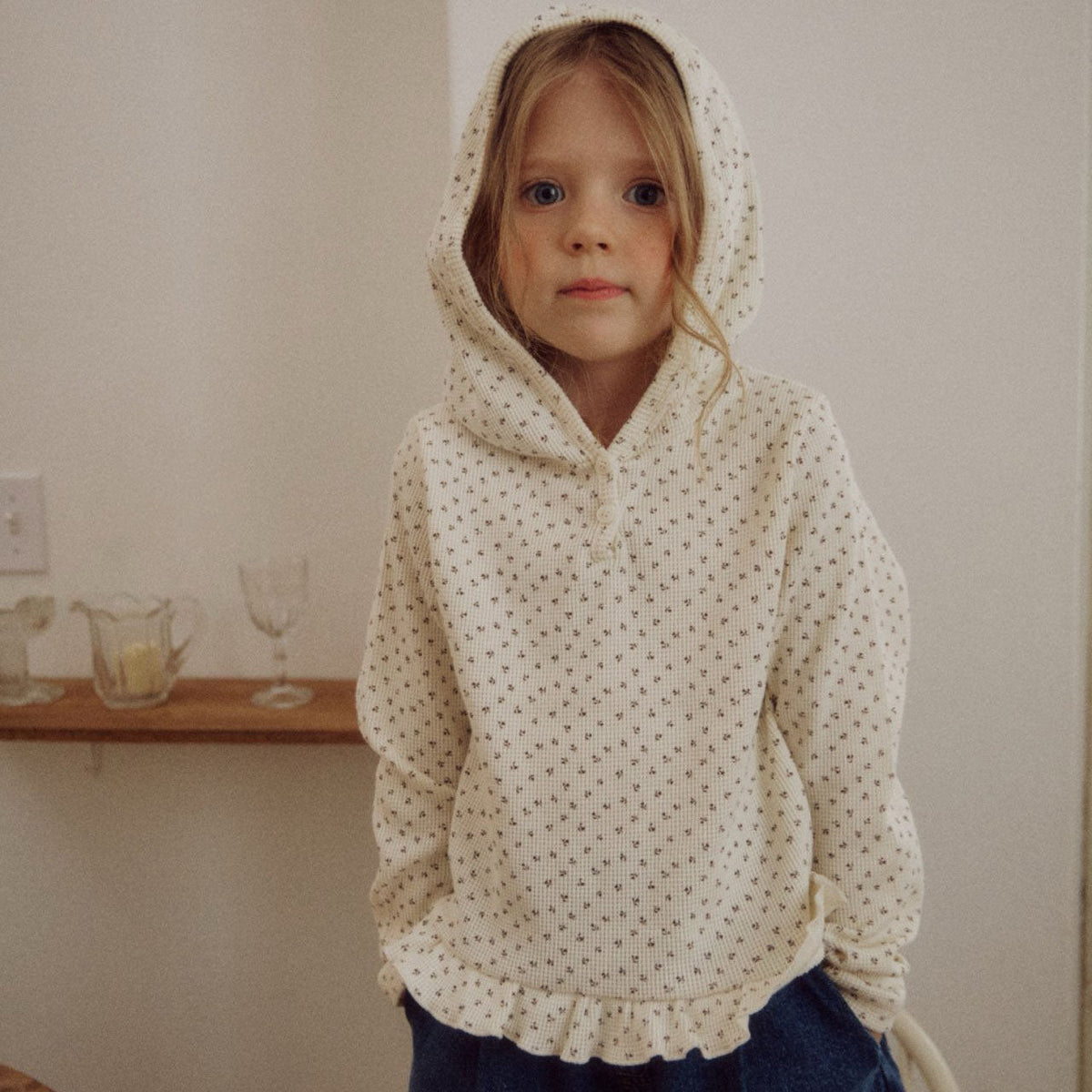 Kids F25 Floral Waffle Ruffle Hoodie (2 - 7y) - Ivory kids outfit