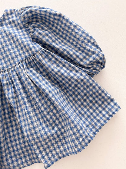 Kids F26 Plaid Bubble Sleeve Dress (1-7y) - Blue kids outfit