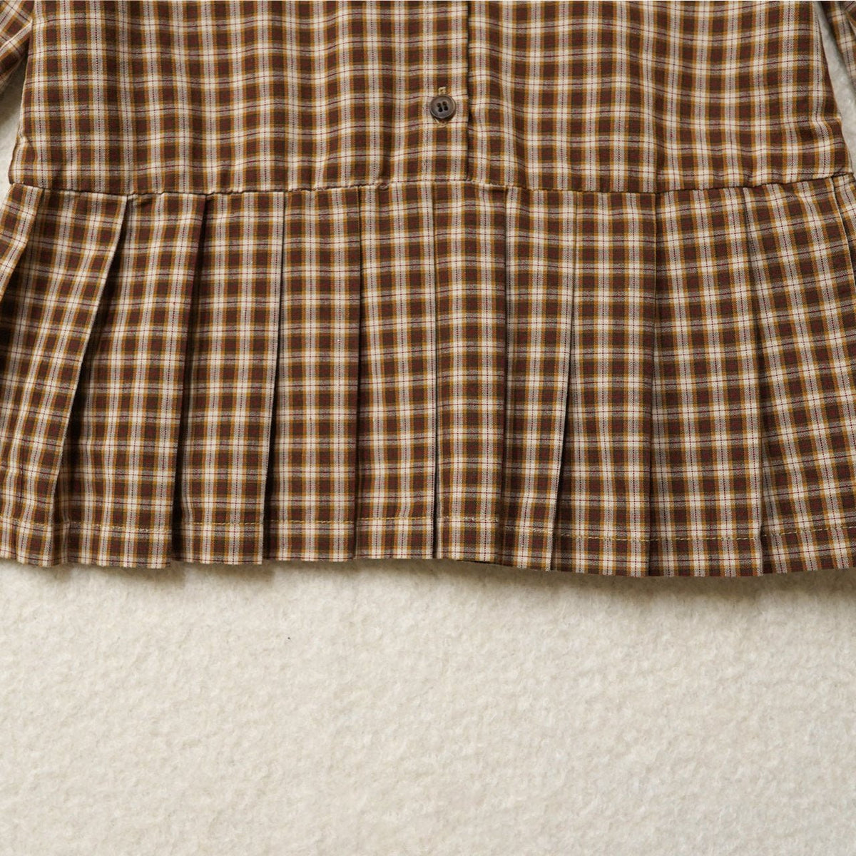Kids F26 Plaid Frill Peter Pan Collar Pleated Puff Long Sleeve Dress (2-7y) - Brown kids outfit