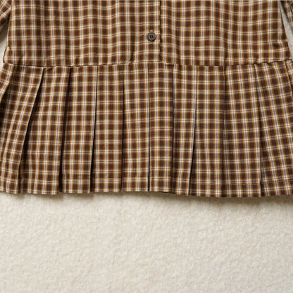 Kids F26 Plaid Frill Peter Pan Collar Pleated Puff Long Sleeve Dress (2-7y) - Brown kids outfit