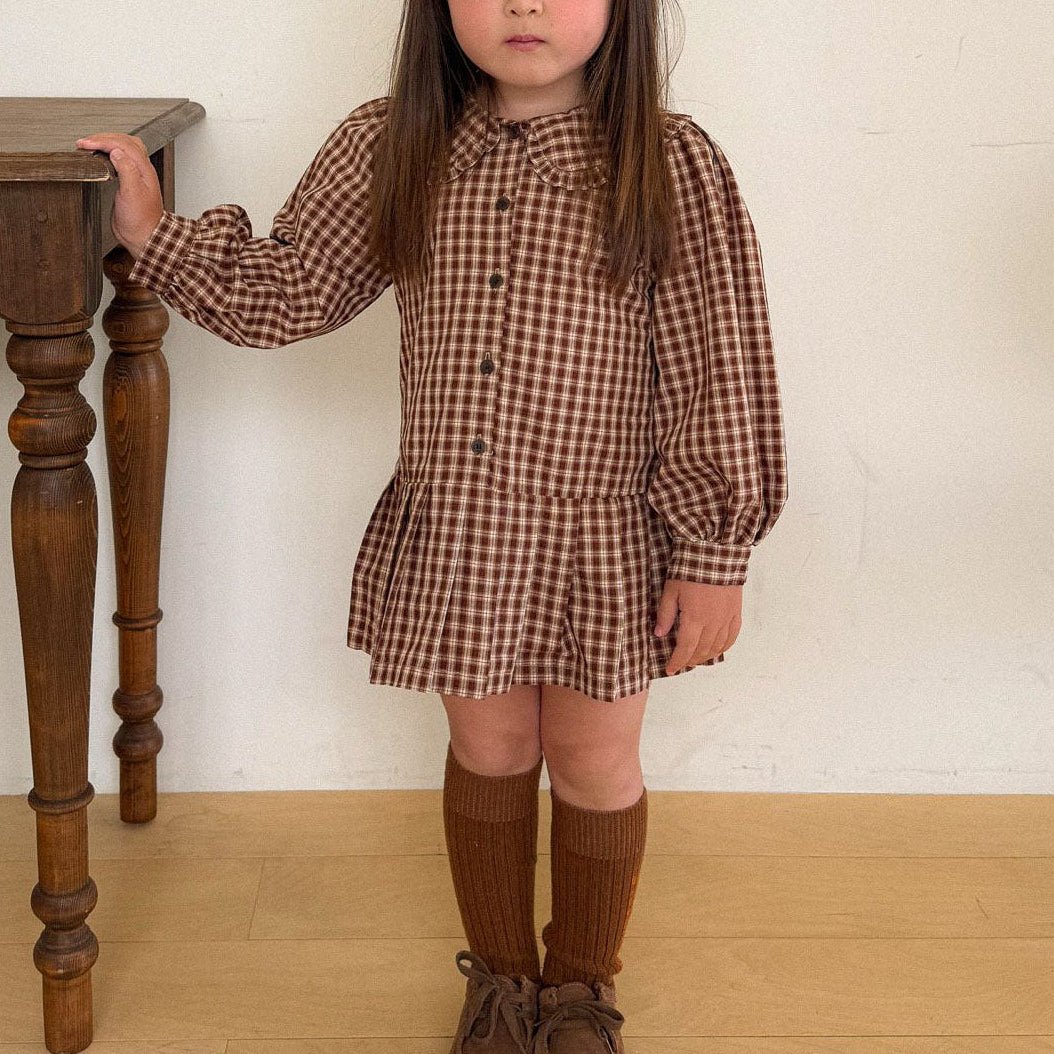 Kids F26 Plaid Frill Peter Pan Collar Pleated Puff Long Sleeve Dress (2-7y) - Brown kids outfit