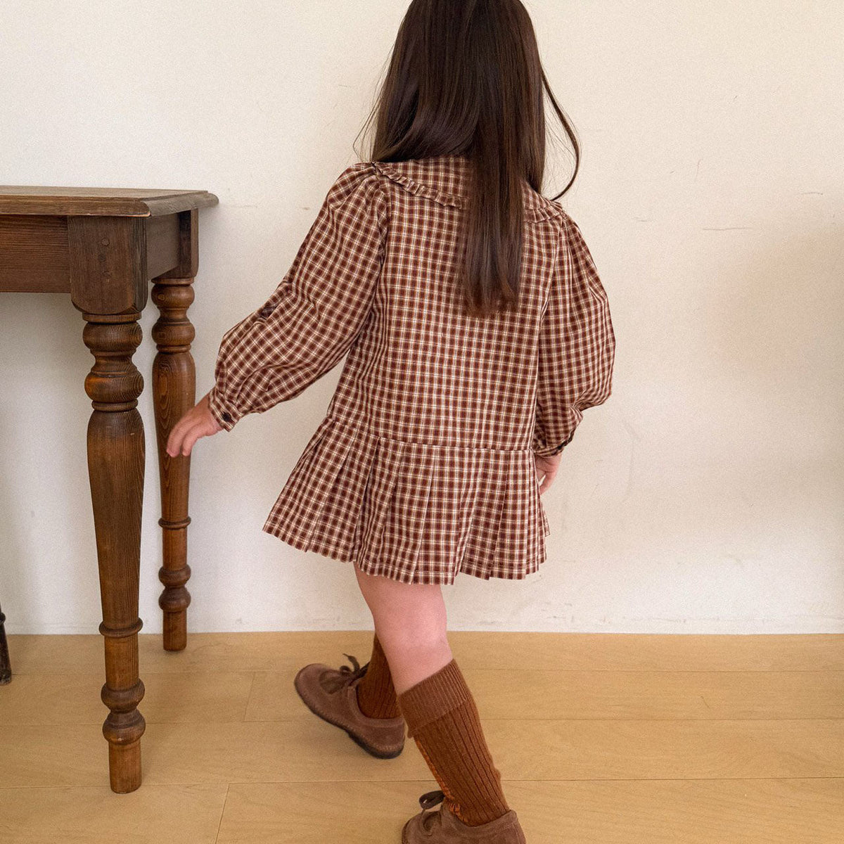 Kids F26 Plaid Frill Peter Pan Collar Pleated Puff Long Sleeve Dress (2-7y) - Brown kids outfit