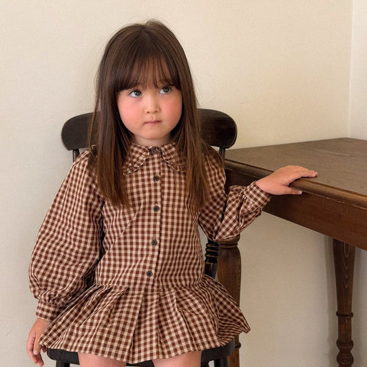 Kids F26 Plaid Frill Peter Pan Collar Pleated Puff Long Sleeve Dress (2-7y) - Brown kids outfit
