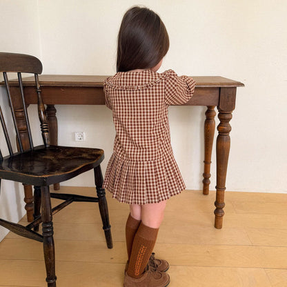 Kids F26 Plaid Frill Peter Pan Collar Pleated Puff Long Sleeve Dress (2-7y) - Brown kids outfit