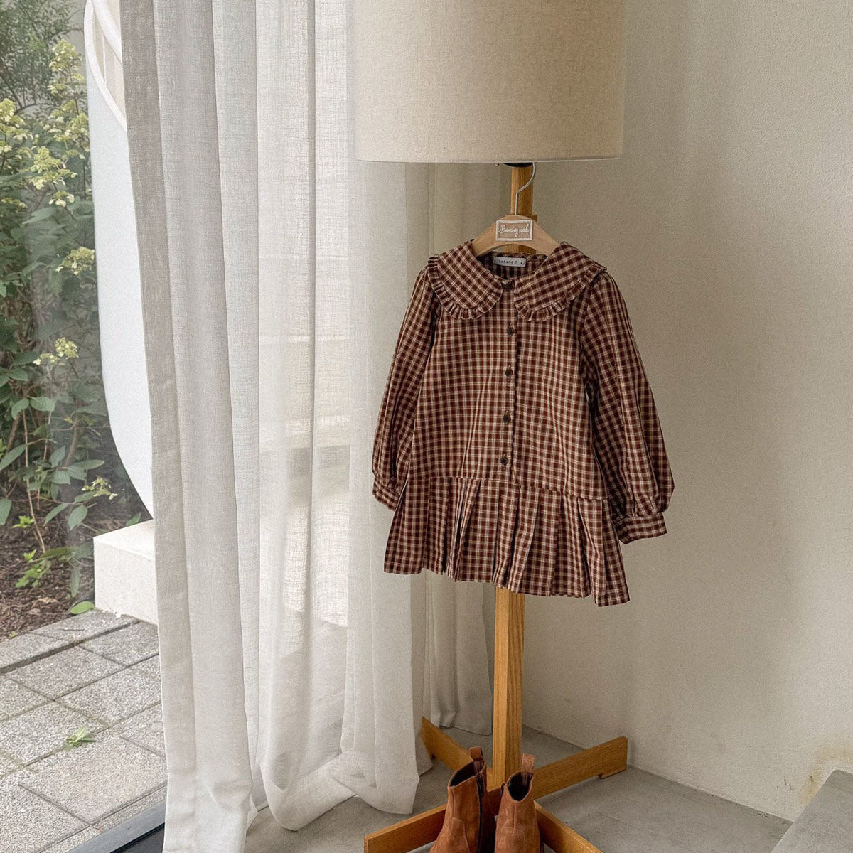 Kids F26 Plaid Frill Peter Pan Collar Pleated Puff Long Sleeve Dress (2-7y) - Brown kids outfit