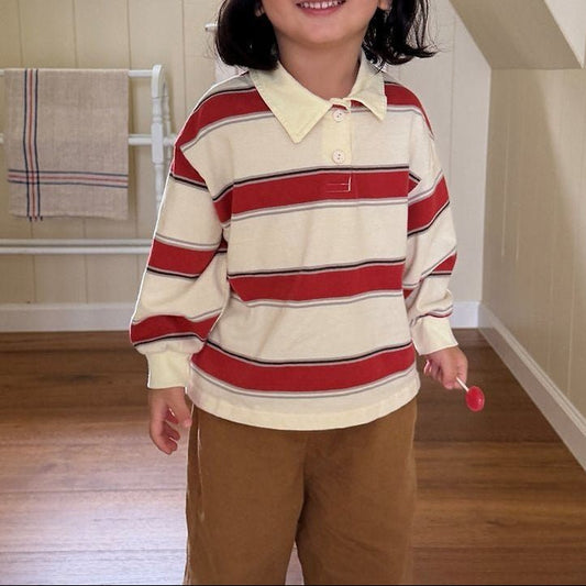 Kids F26 Stripe Collared Long Sleeve Top (2-8y) - Red kids outfit