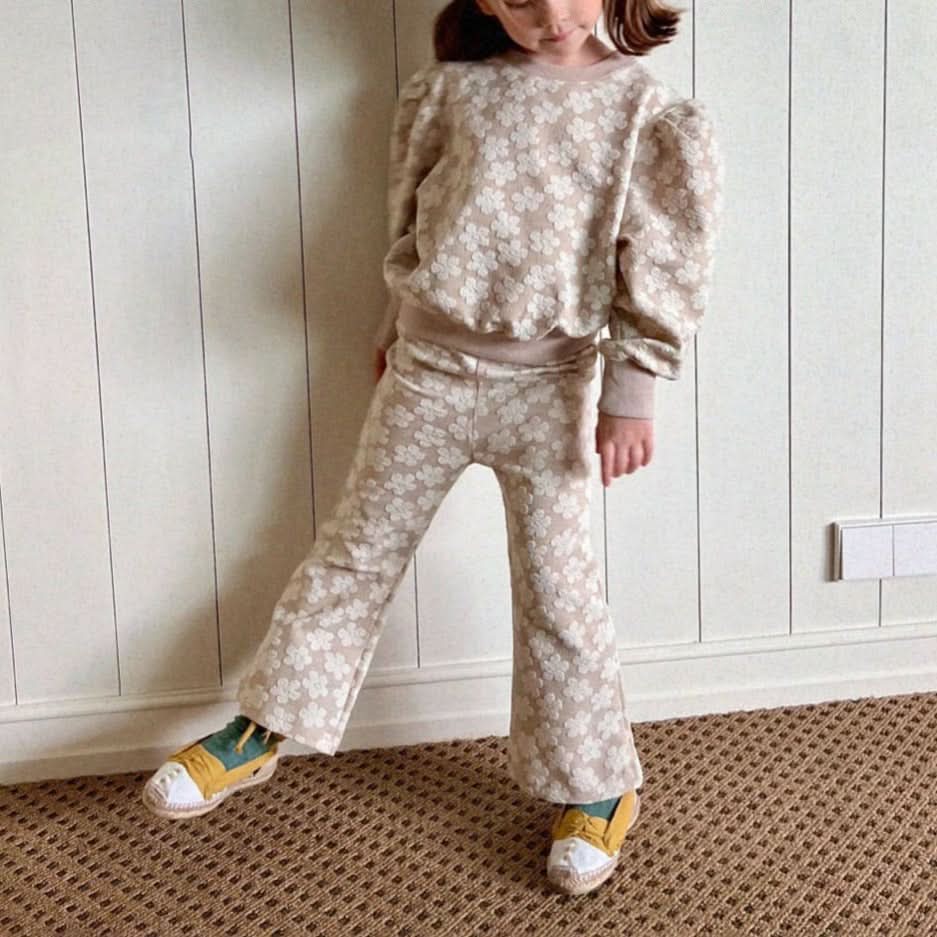 Kids Floral Jacquard Puff Sleeve Top & Pants Set (2 - 6y) - Beige kids outfit