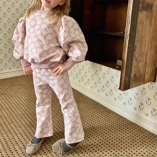 Kids Floral Jacquard Puff Sleeve Top & Pants Set (2 - 6y) - Pink kids outfit