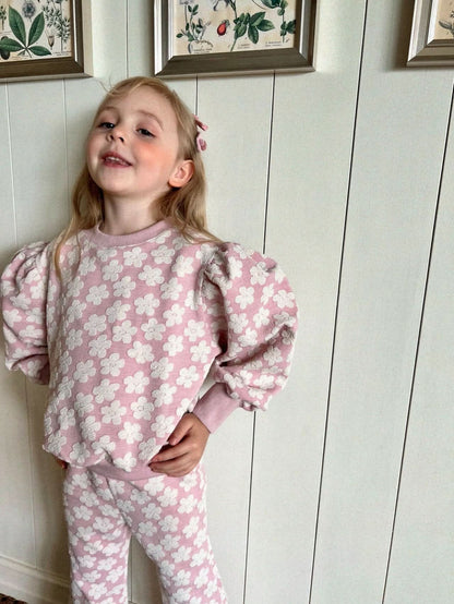 Kids Floral Jacquard Puff Sleeve Top & Pants Set (2 - 6y) - Pink kids outfit