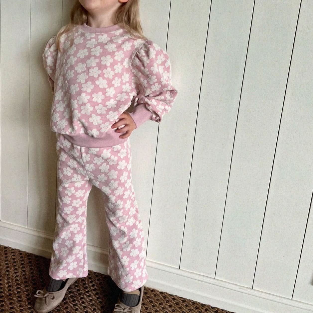 Kids Floral Jacquard Puff Sleeve Top & Pants Set (2 - 6y) - Pink kids outfit