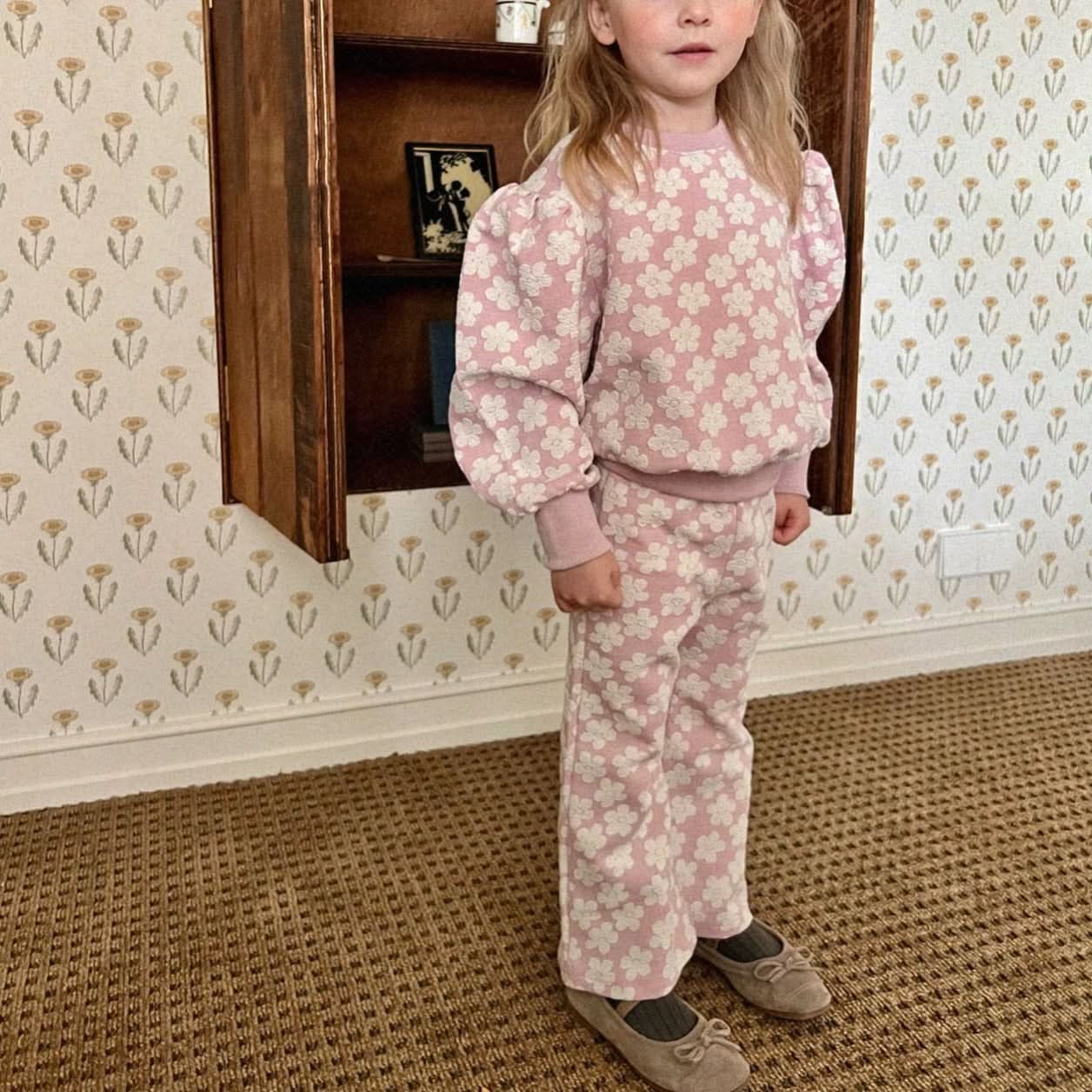 Kids Floral Jacquard Puff Sleeve Top & Pants Set (2 - 6y) - Pink kids outfit