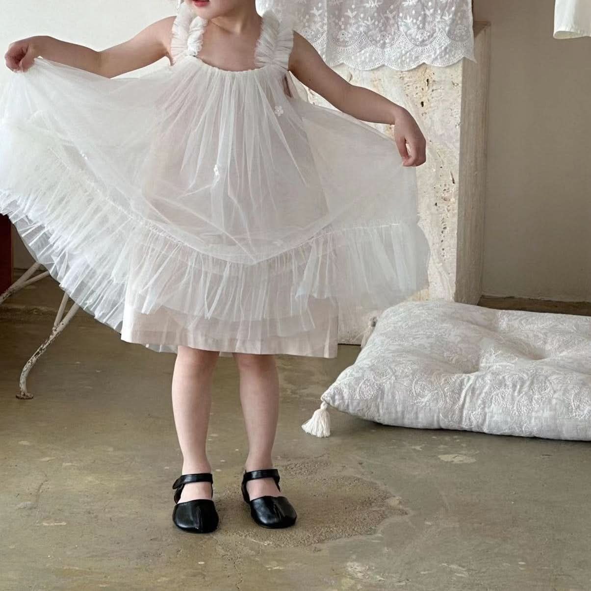 Kids Frill Strap Sleeveless Tulle Dress (2 - 6y) - Ivory kids outfit
