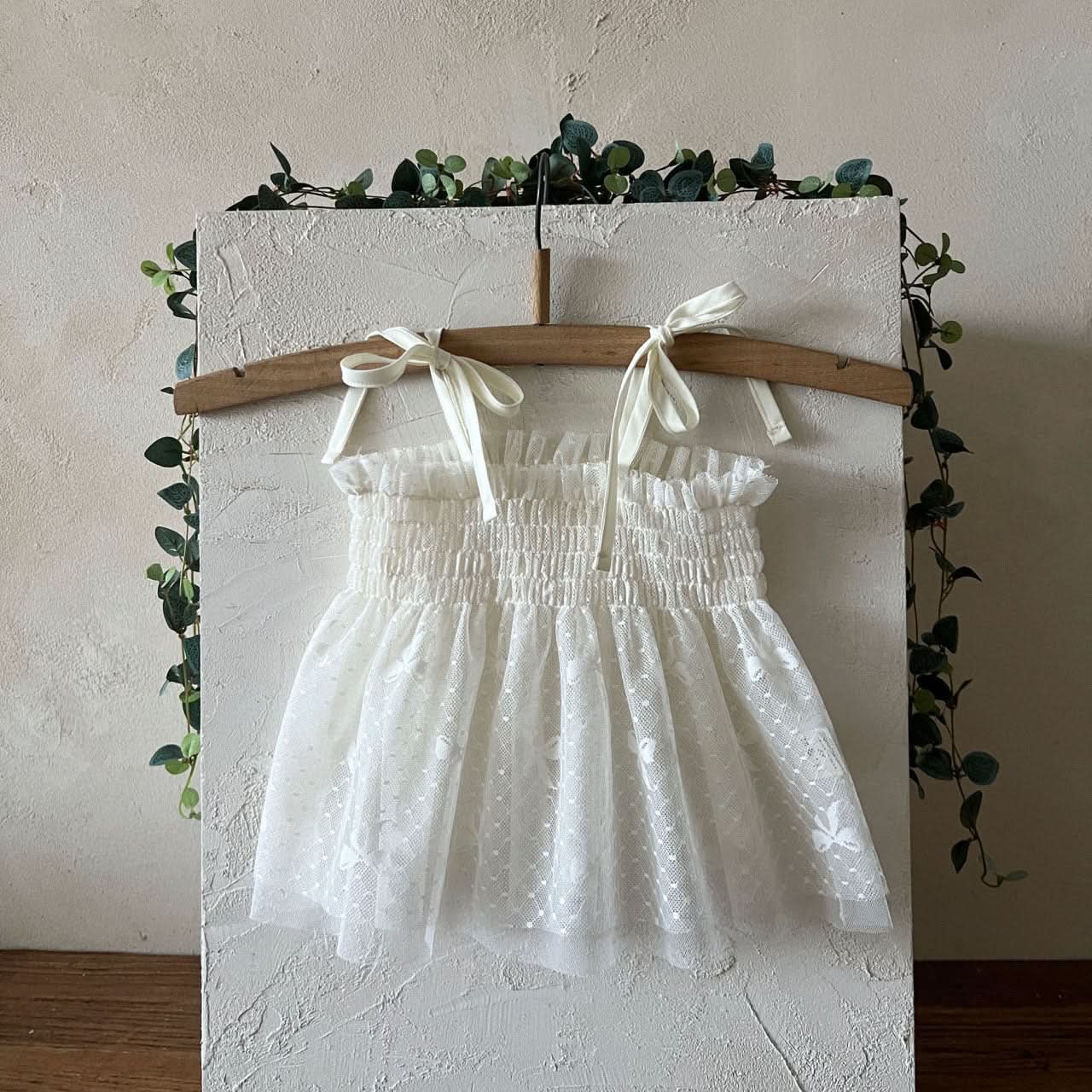 Kids Lala S25 Tie Shoulder Smocked Bodice Sleeveless Sheer Lace Top (1 - 6y) - Ivory kids outfit