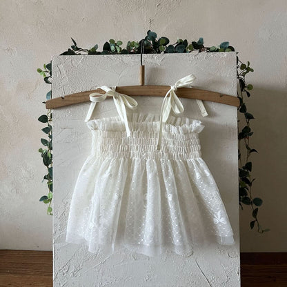 Kids Lala S25 Tie Shoulder Smocked Bodice Sleeveless Sheer Lace Top (1 - 6y) - Ivory kids outfit