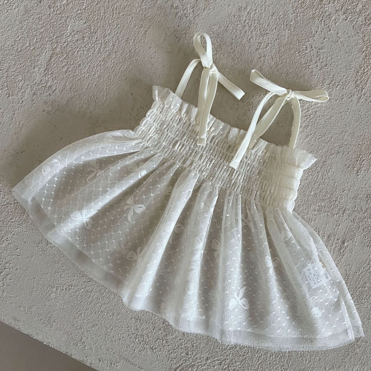 Kids Lala S25 Tie Shoulder Smocked Bodice Sleeveless Sheer Lace Top (1 - 6y) - Ivory kids outfit