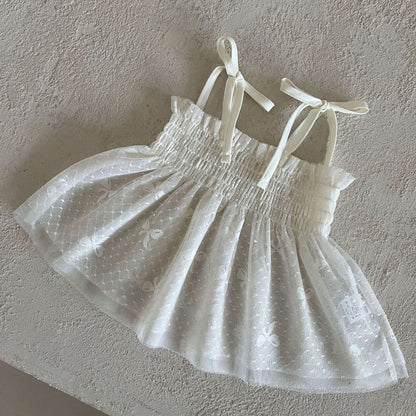 Kids Lala S25 Tie Shoulder Smocked Bodice Sleeveless Sheer Lace Top (1 - 6y) - Ivory kids outfit