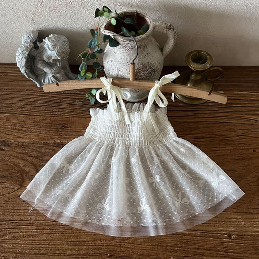 Kids Lala S25 Tie Shoulder Smocked Bodice Sleeveless Sheer Lace Top (1 - 6y) - Ivory kids outfit
