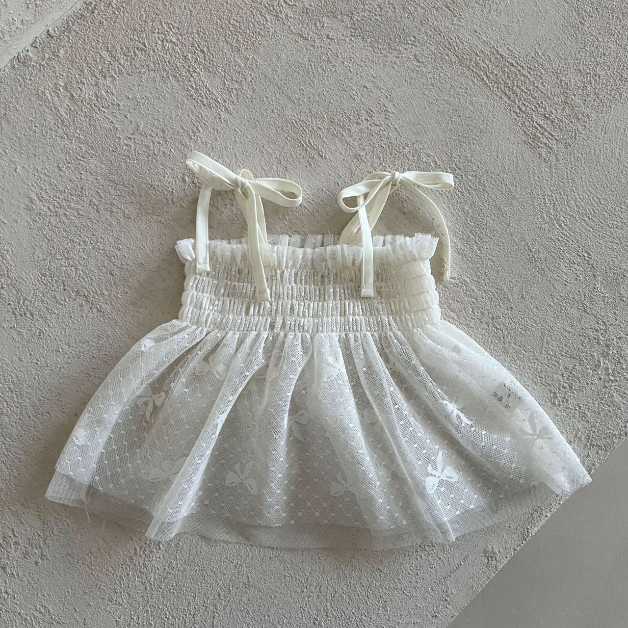 Kids Lala S25 Tie Shoulder Smocked Bodice Sleeveless Sheer Lace Top (1 - 6y) - Ivory kids outfit