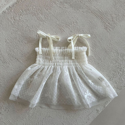 Kids Lala S25 Tie Shoulder Smocked Bodice Sleeveless Sheer Lace Top (1 - 6y) - Ivory kids outfit