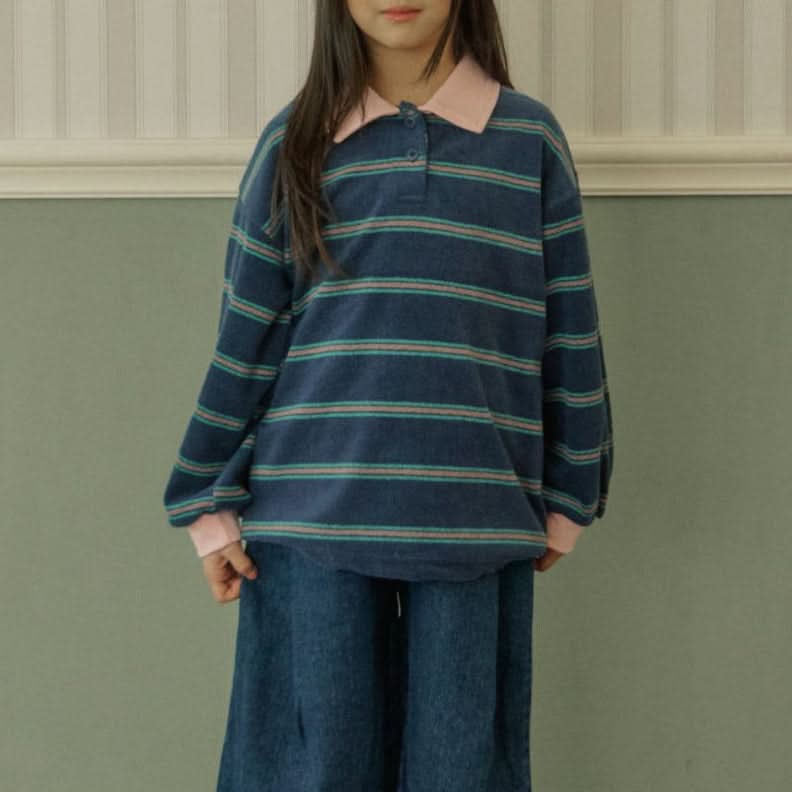 Kids Multi - Stripe Terry Cloth Collar Top (3 - 7y) - Blue kids outfit