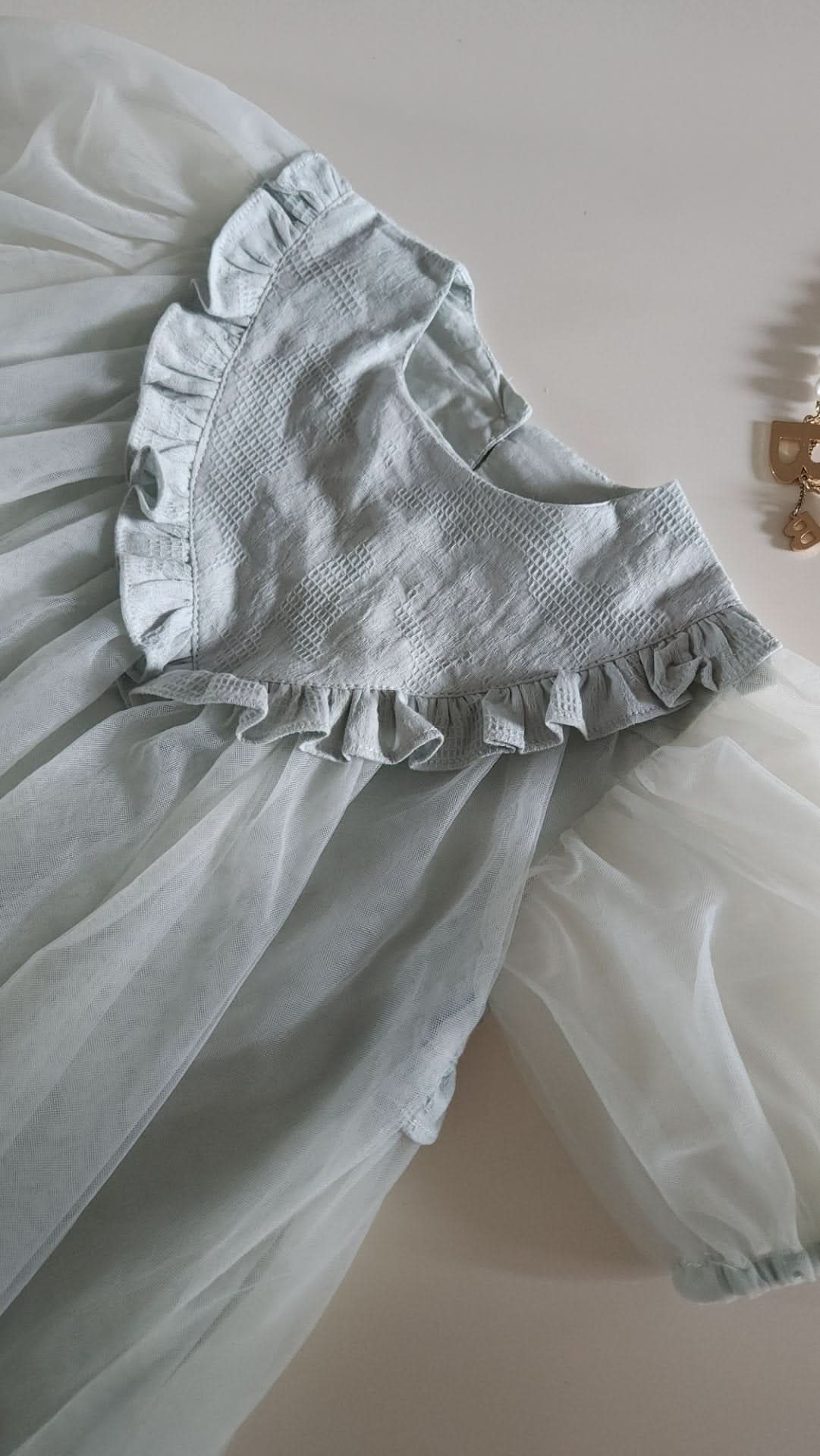 Kids Ruffle Yoke Puff Sleeve Tulle Dress (2 - 6y) - Mint kids outfit