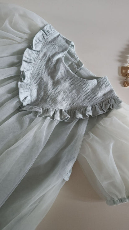 Kids Ruffle Yoke Puff Sleeve Tulle Dress (2 - 6y) - Mint kids outfit