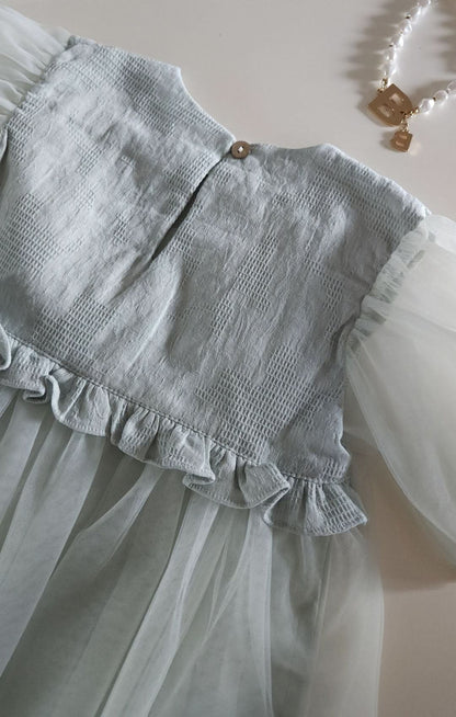 Kids Ruffle Yoke Puff Sleeve Tulle Dress (2 - 6y) - Mint kids outfit