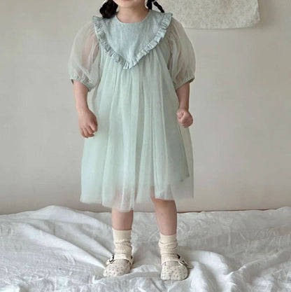 Kids Ruffle Yoke Puff Sleeve Tulle Dress (2 - 6y) - Mint kids outfit