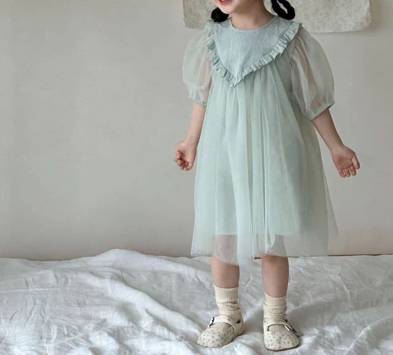 Kids Ruffle Yoke Puff Sleeve Tulle Dress (2 - 6y) - Mint kids outfit