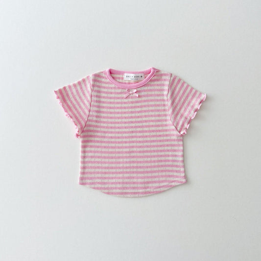 Kids S25 Pointelle Stripe Short Sleeve Top (1 - 8y) - Pink kids outfit