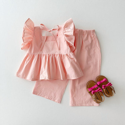 Kids S25 Tie Back Ruffle Top and Wide Pants Set (1 - 11y) - Apricot kids outfit