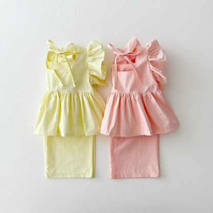 Kids S25 Tie Back Ruffle Top and Wide Pants Set (1 - 11y) - Yellow kids outfit