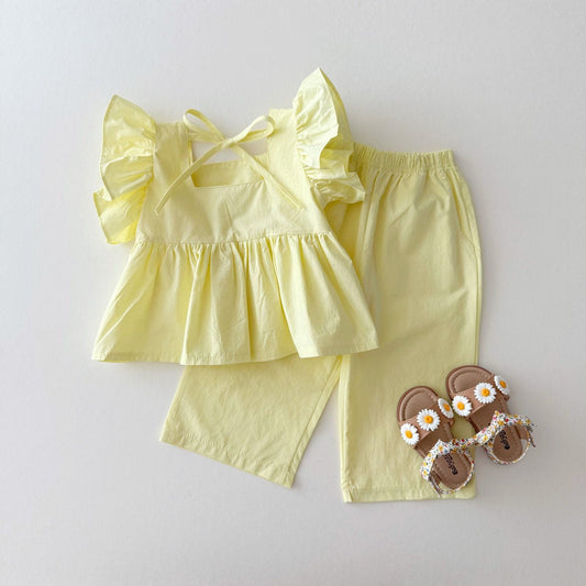 Kids S25 Tie Back Ruffle Top and Wide Pants Set (1 - 11y) - Yellow kids outfit