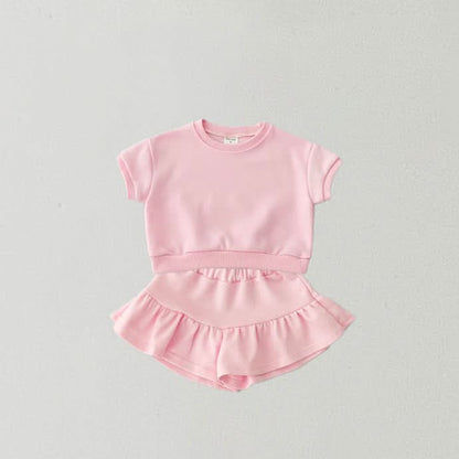 Kids Short Sleeve Sweatshirt and Skirted Shorts Set (2 - 7y) - 3 Colors kids outfit