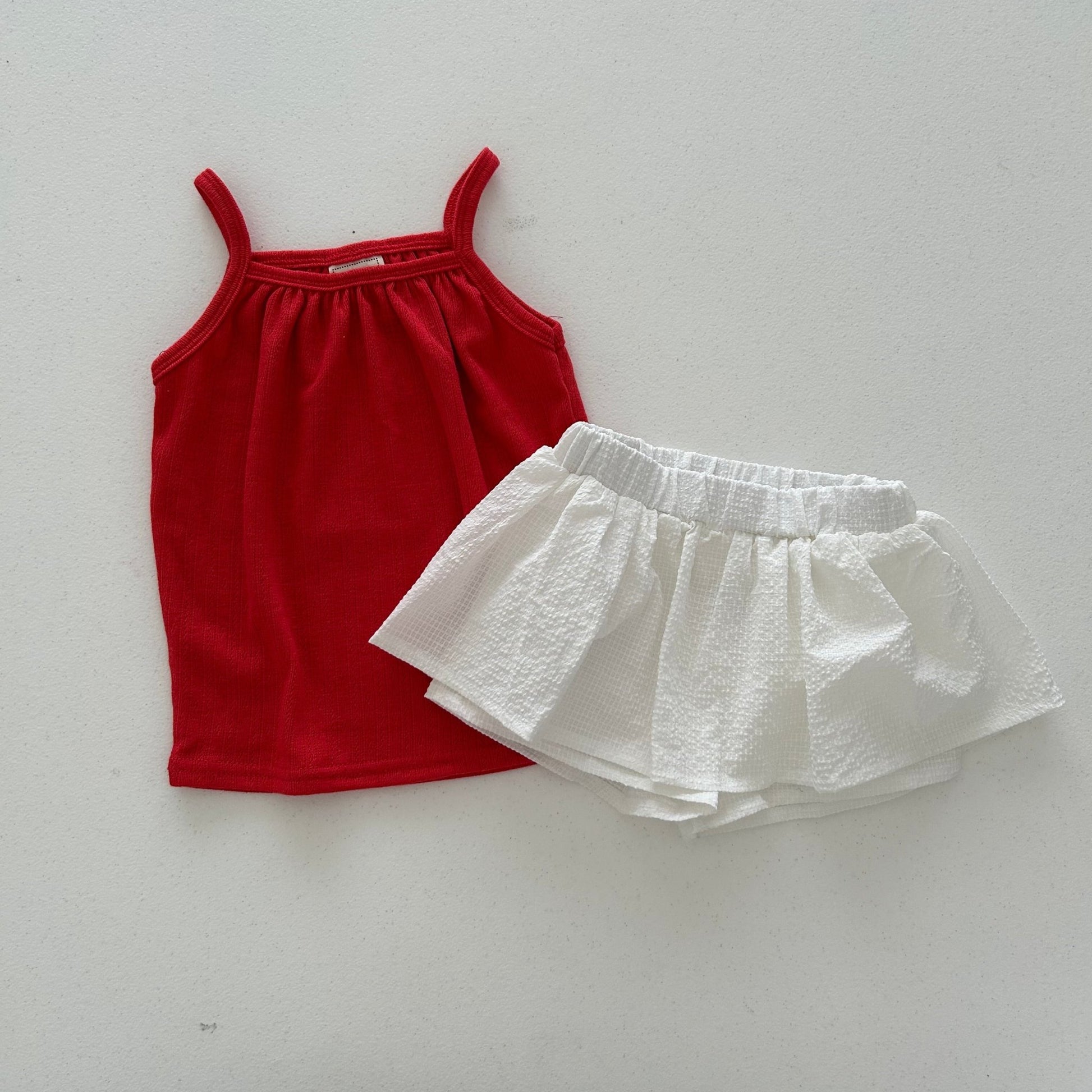 Kids Soy SS26 Pointelle Tank Top and Seersucker Skort Set (1 - 6y) - Red - AT NOON STORE
