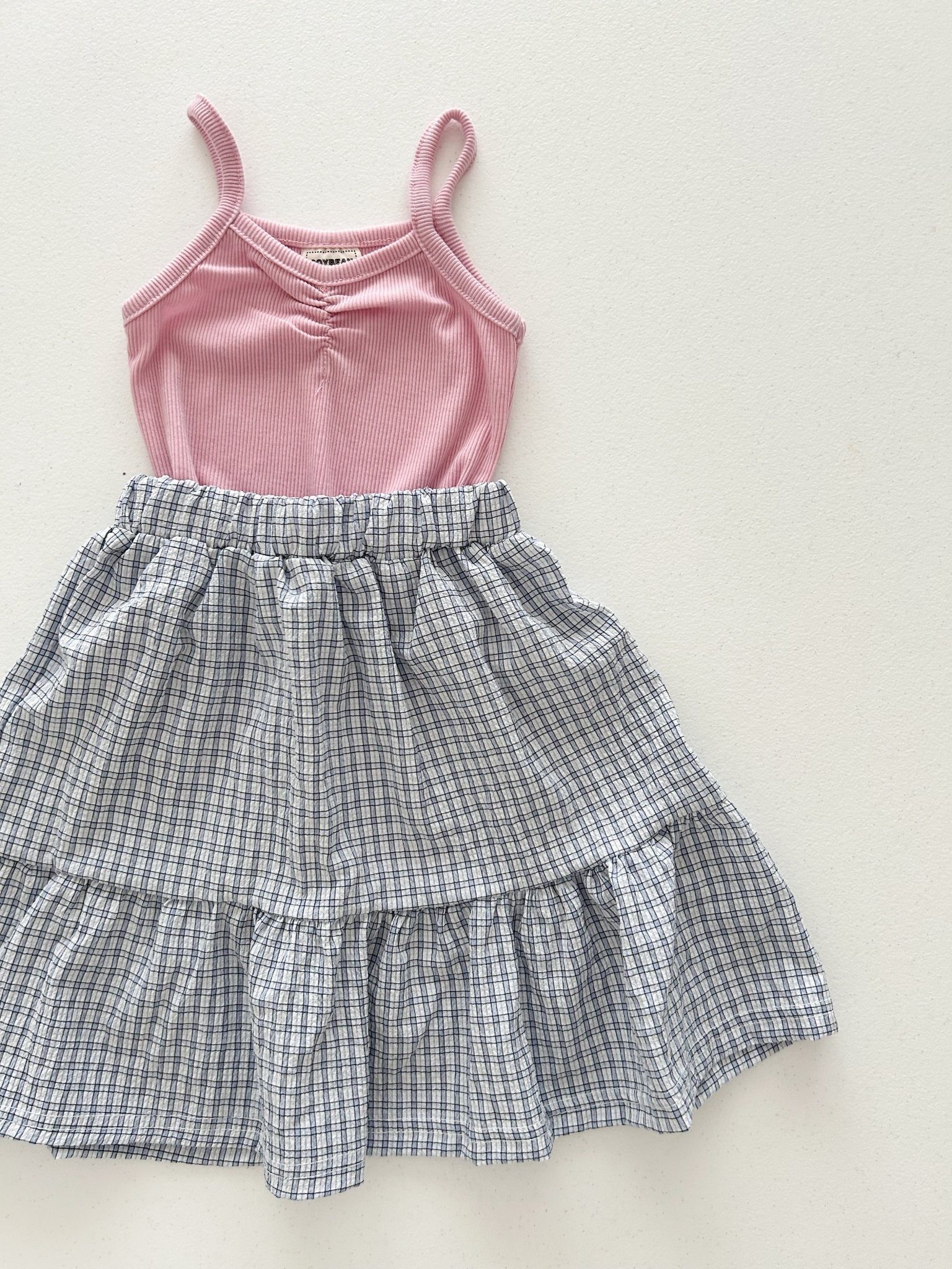 Kids Soy SS26 Ribbed Scrunch Detail Tank Top and Plaid Ruffle Skirt Set (1 - 6y) - Pink - AT NOON STORE