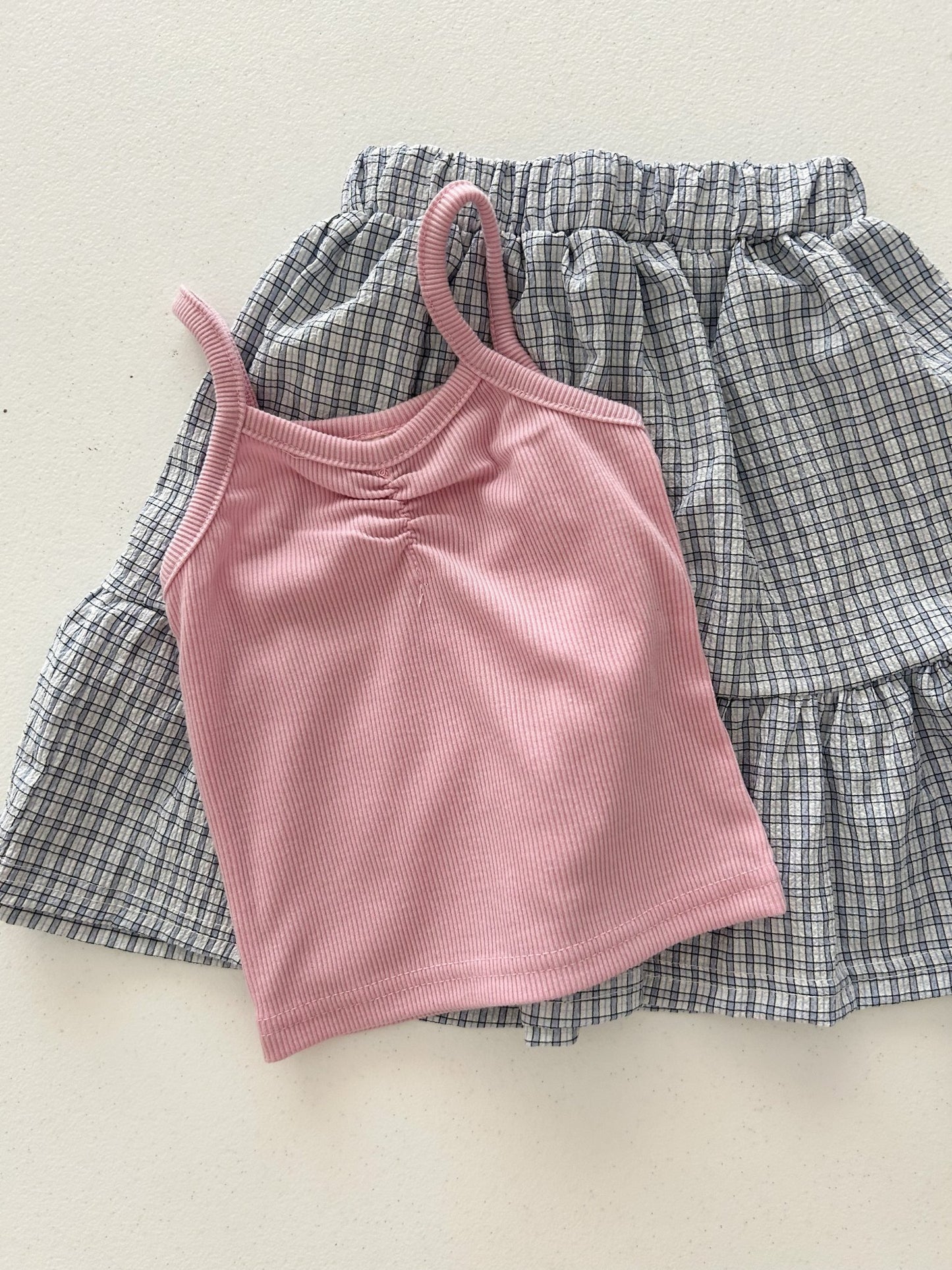 Kids Soy SS26 Ribbed Scrunch Detail Tank Top and Plaid Ruffle Skirt Set (1 - 6y) - Pink - AT NOON STORE