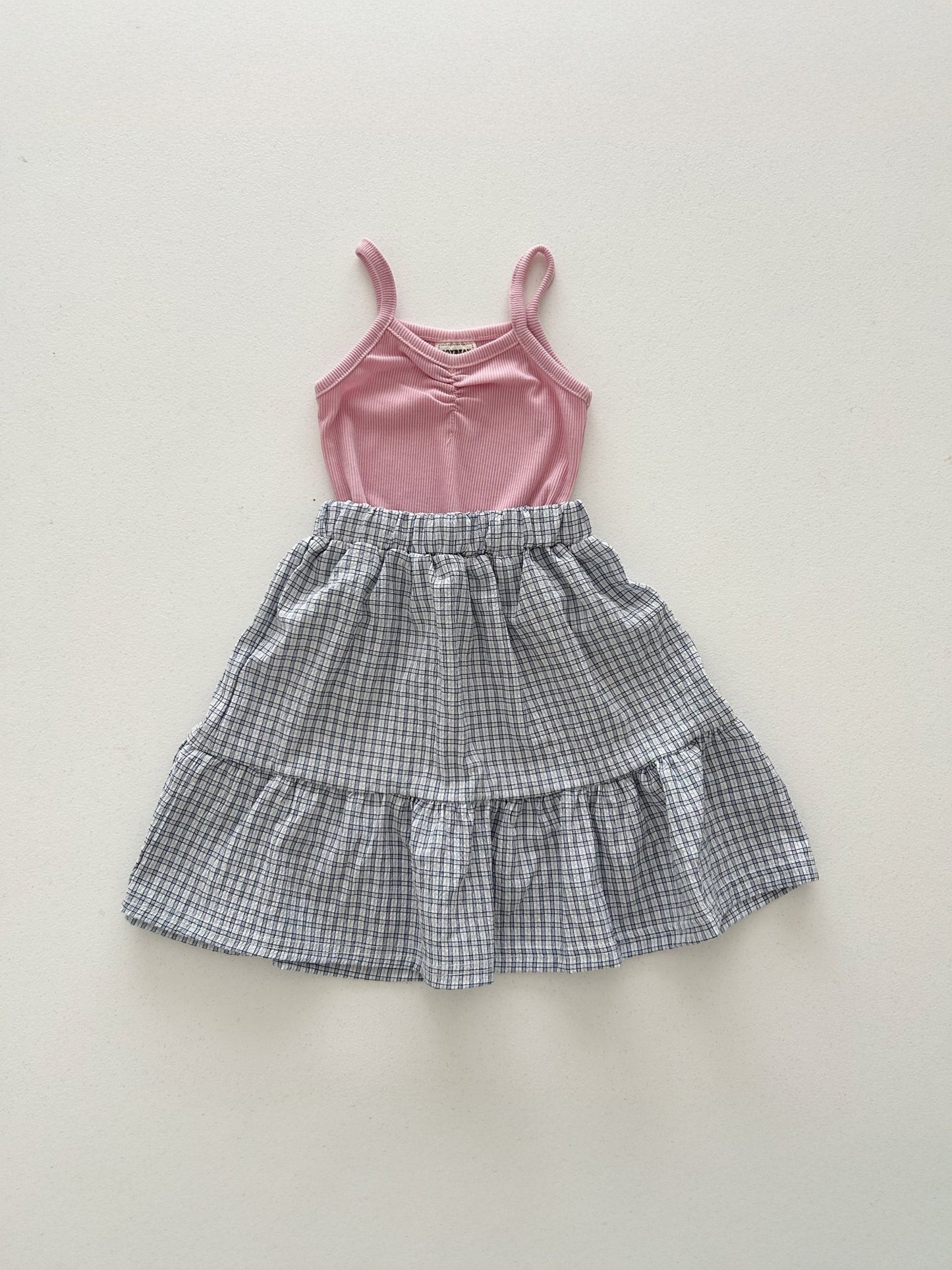 Kids Soy SS26 Ribbed Scrunch Detail Tank Top and Plaid Ruffle Skirt Set (1 - 6y) - Pink - AT NOON STORE