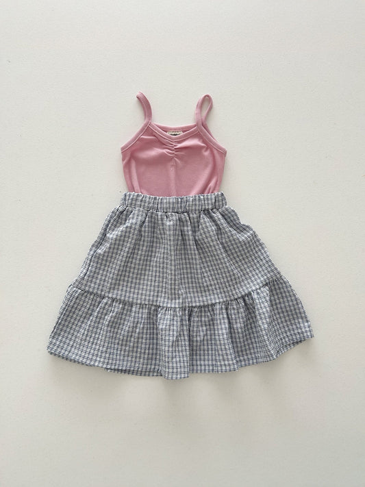 Kids Soy SS26 Ribbed Scrunch Detail Tank Top and Plaid Ruffle Skirt Set (1 - 6y) - Pink - AT NOON STORE
