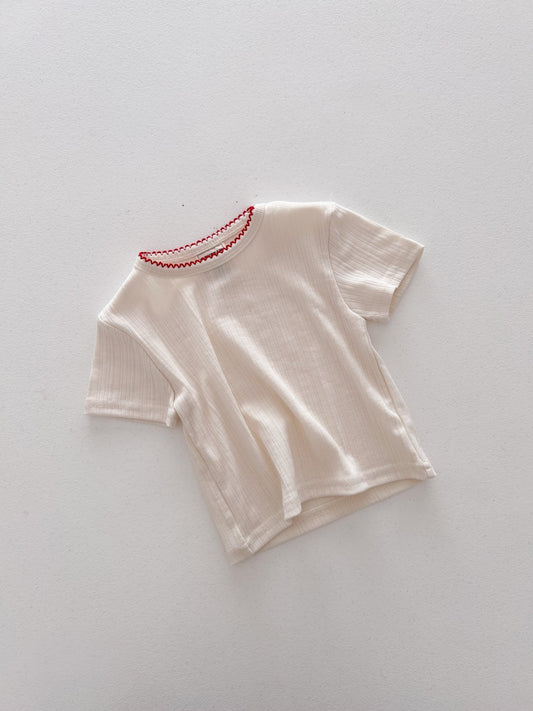 Kids Soy SS26 Scallop Neckline Detail Ribbed Short Sleeve Top (1 - 6y) - Ivory - AT NOON STORE