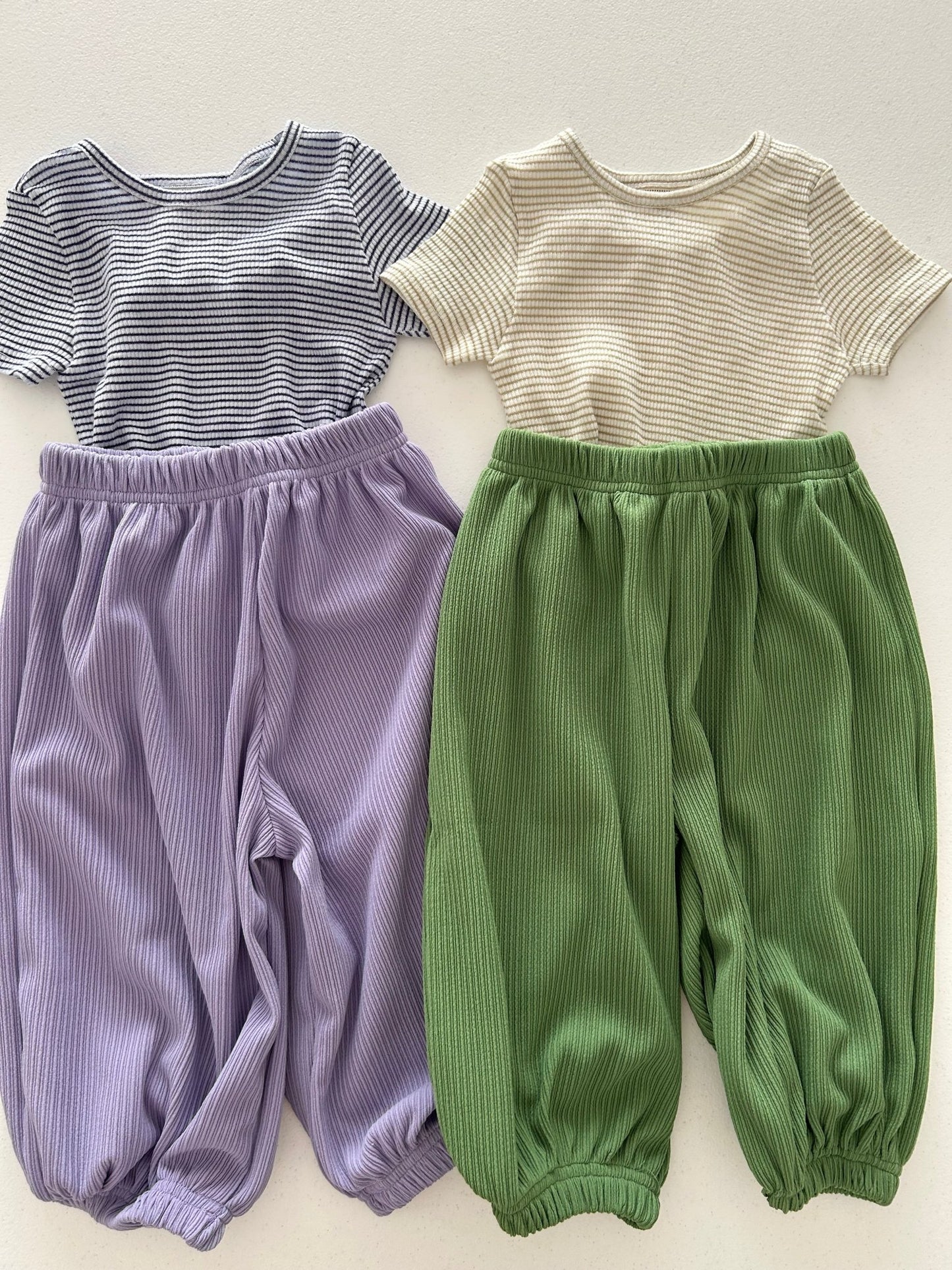 Kids Soy SS26 Stripe Ribbed Short Sleeve Top and Pleated Jogger Pants Set (1 - 6y) - 2 Colors - AT NOON STORE