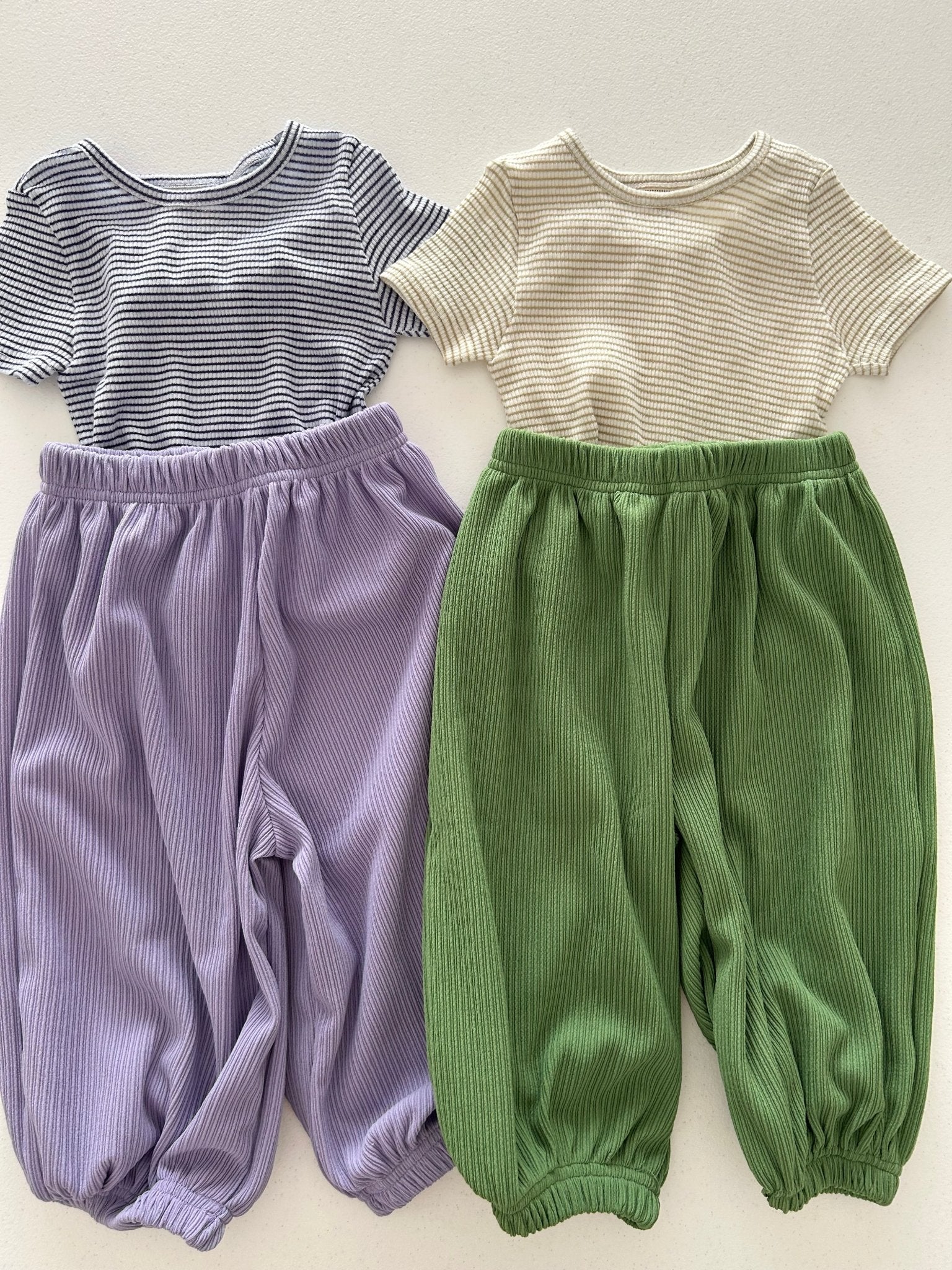 Kids Soy SS26 Stripe Ribbed Short Sleeve Top and Pleated Jogger Pants Set (1 - 6y) - 2 Colors - AT NOON STORE