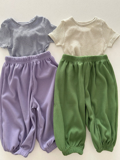 Kids Soy SS26 Stripe Ribbed Short Sleeve Top and Pleated Jogger Pants Set (1 - 6y) - 2 Colors - AT NOON STORE