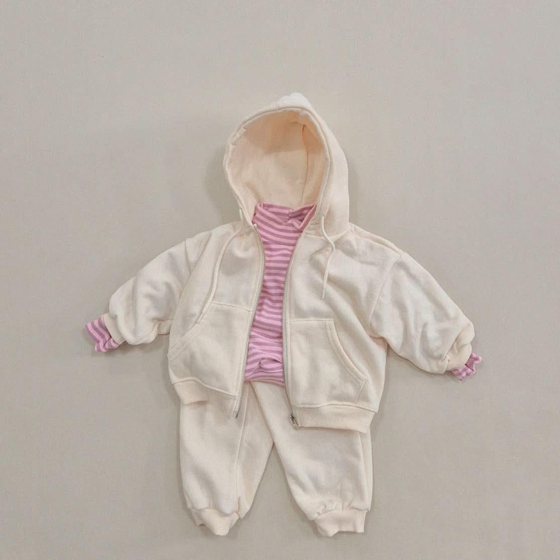Kids Soy W24 Warm Fleece Zip Up Hoodie and Jogger Pants Set (1 - 6y) - Cream kids outfit